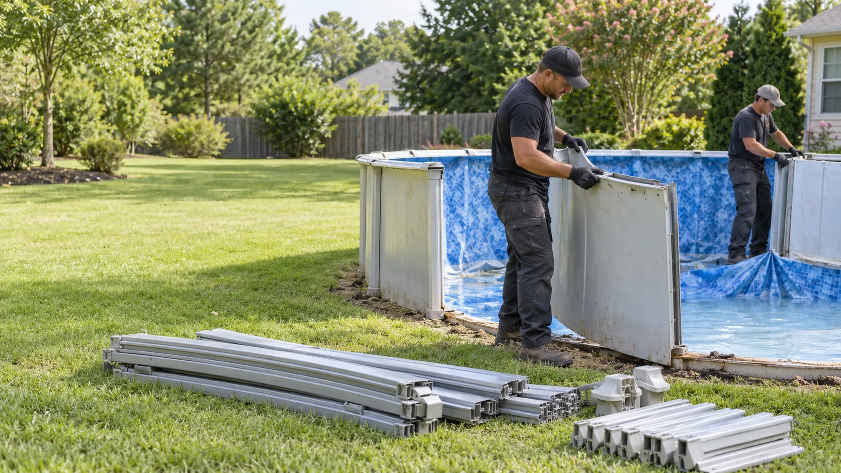 above-ground pool removal in progress at a residential property