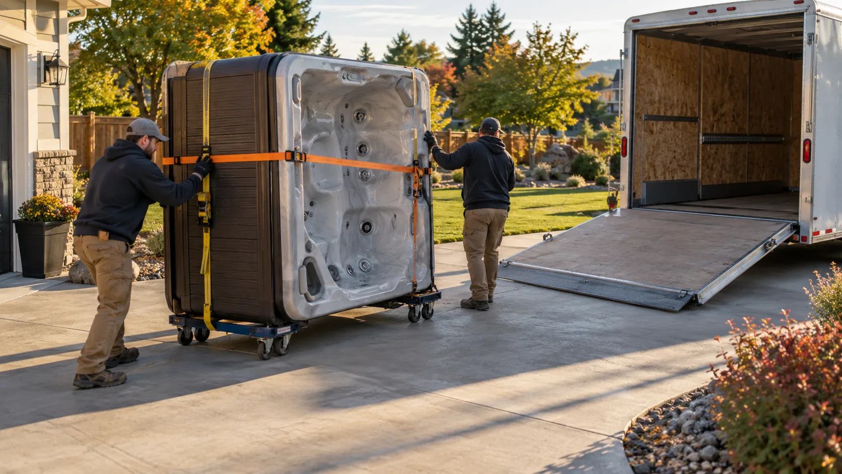 hot tub hauling in progress at a residential property